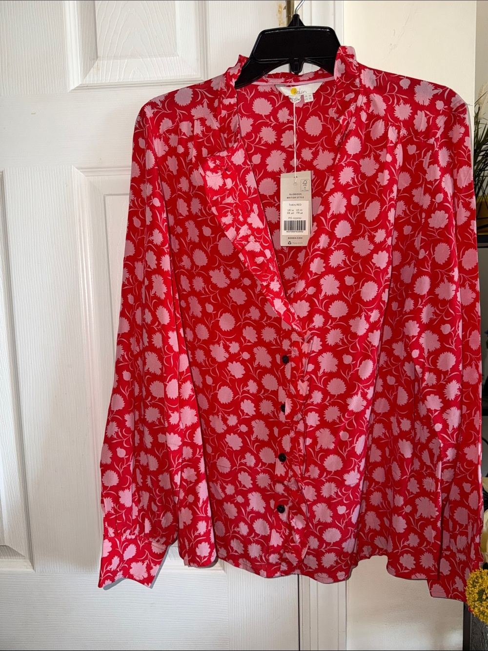 Boden Silk Red Floral Button-Down Blouse